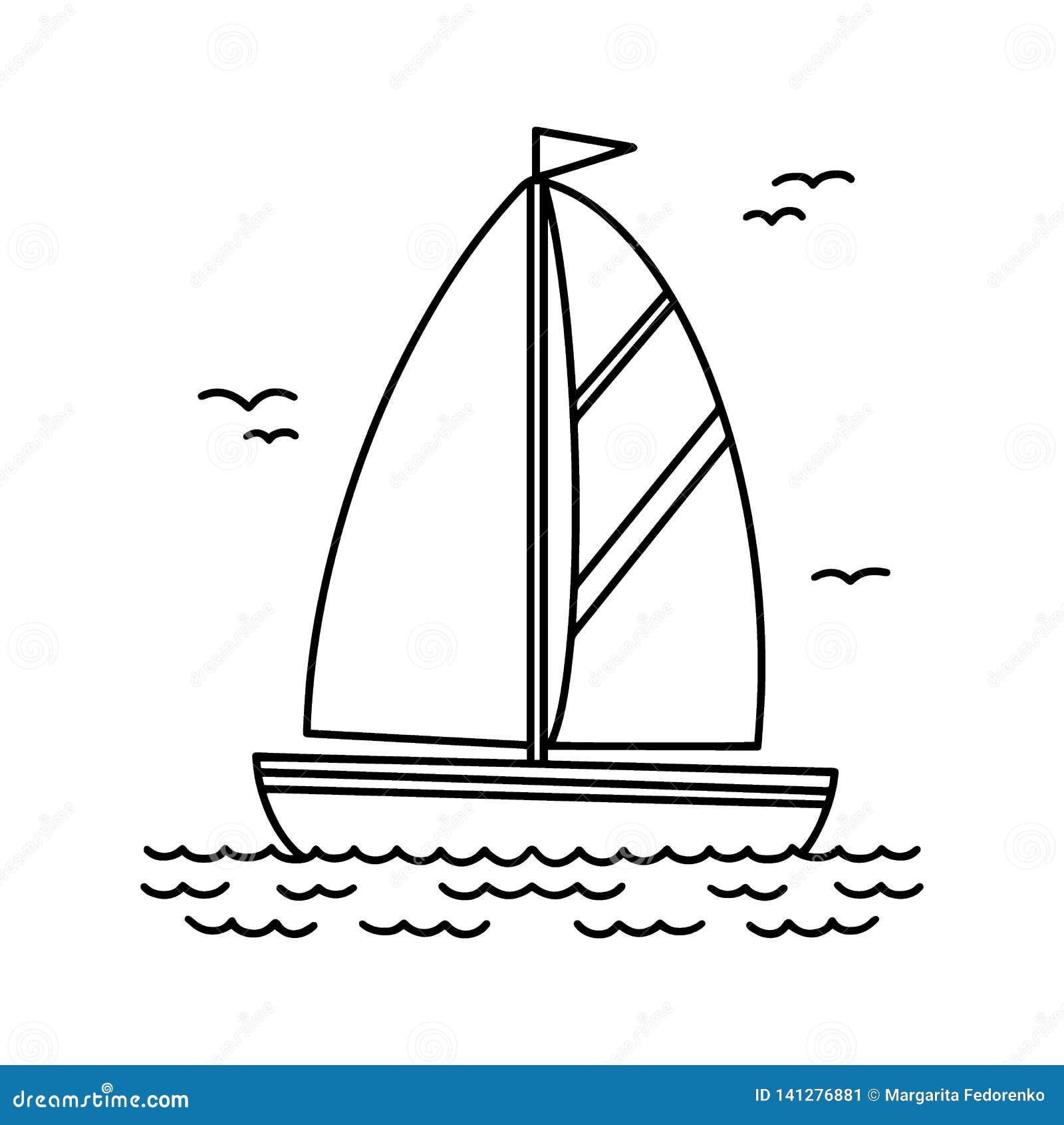 Sailing yacht black and white cartoon square icon drawing boat with sail and flag sailing on the sea stock vector