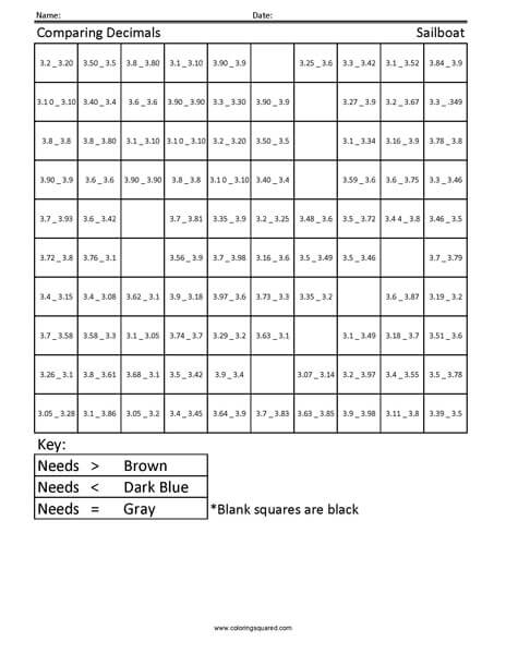 Sailboat paring decimals coloring