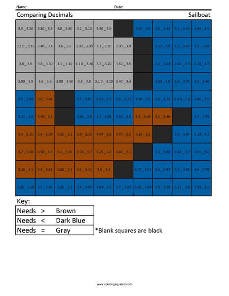 Sailboat paring decimals coloring