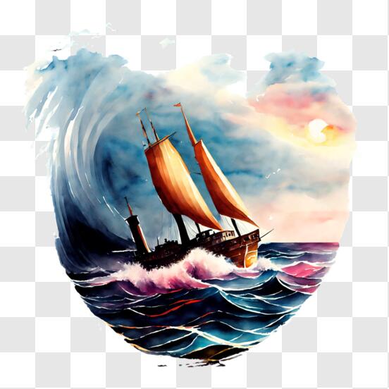 Download sailing ship on the ocean wave png online