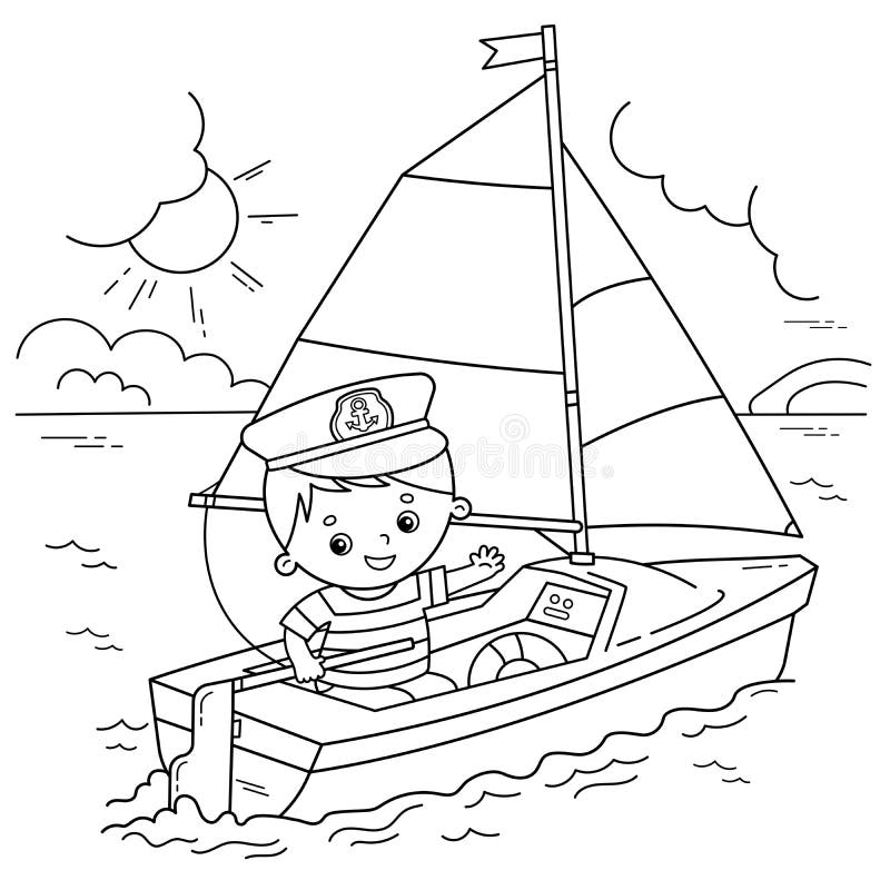 Coloring page outline of cartoon sail ship with sailor on the deck profession stock vector