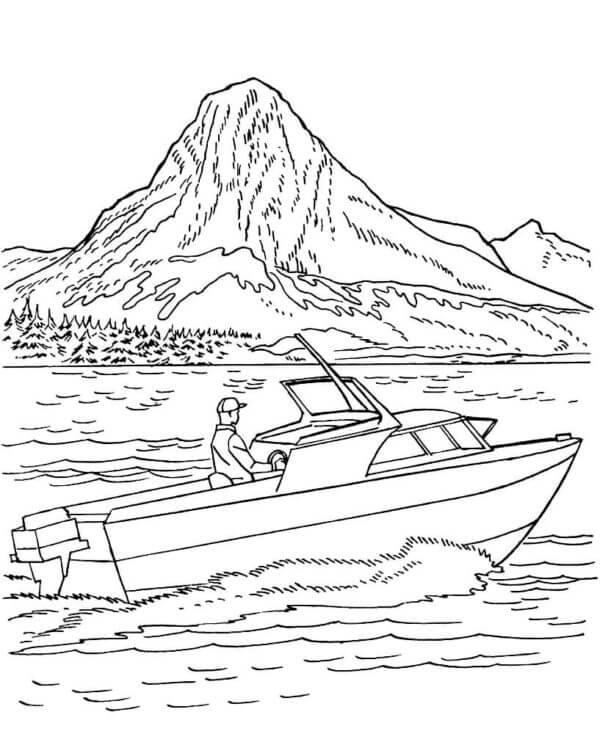 A captain leads a boat near the mountains coloring page