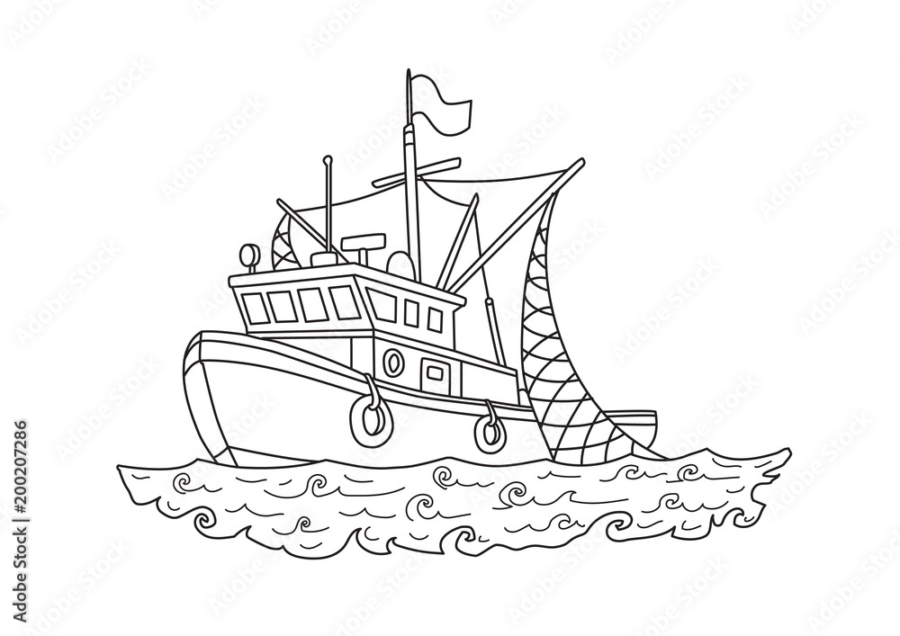 Fishing boat in the sea contour vector illustration for coloring book isolated on white background vector