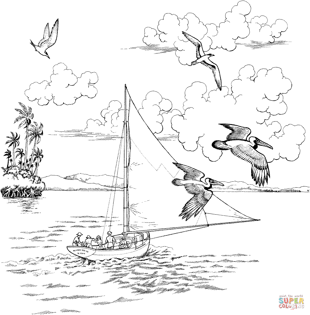 Two pelicans fly over the sailboat coloring page free printable coloring pages