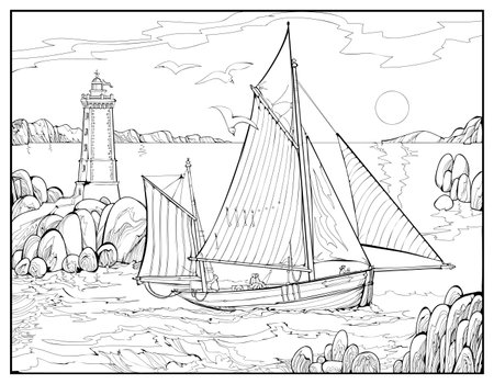 Coloring book for children and adults illustration ancient celtic boat in the gulf of douarnenez seascape with an old sailboat and lighthouse black and white vector drawing printable page