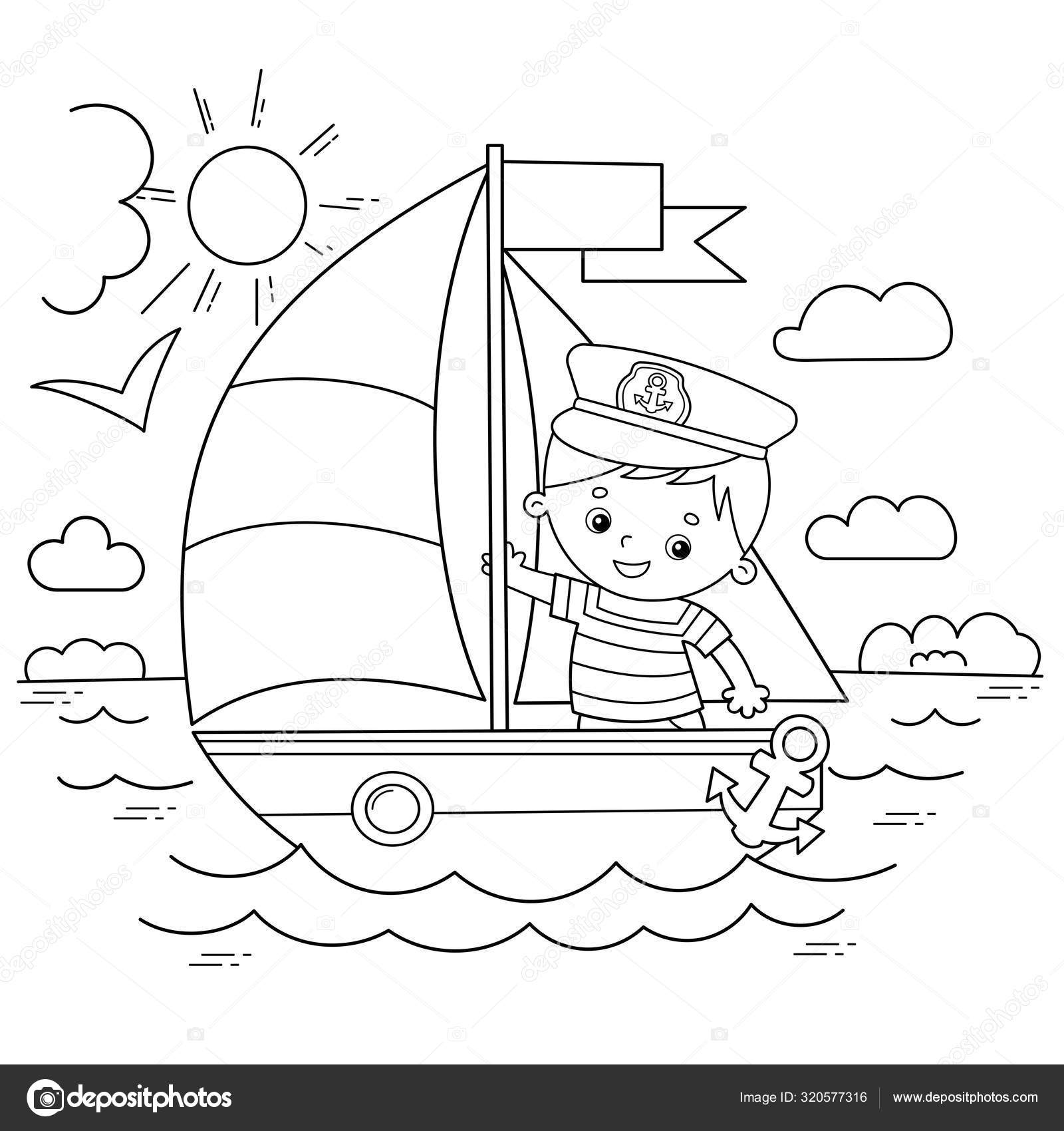 Coloring page outline of cartoon sail ship with sailor on the deck profession coloring book for kids stock vector by oleon