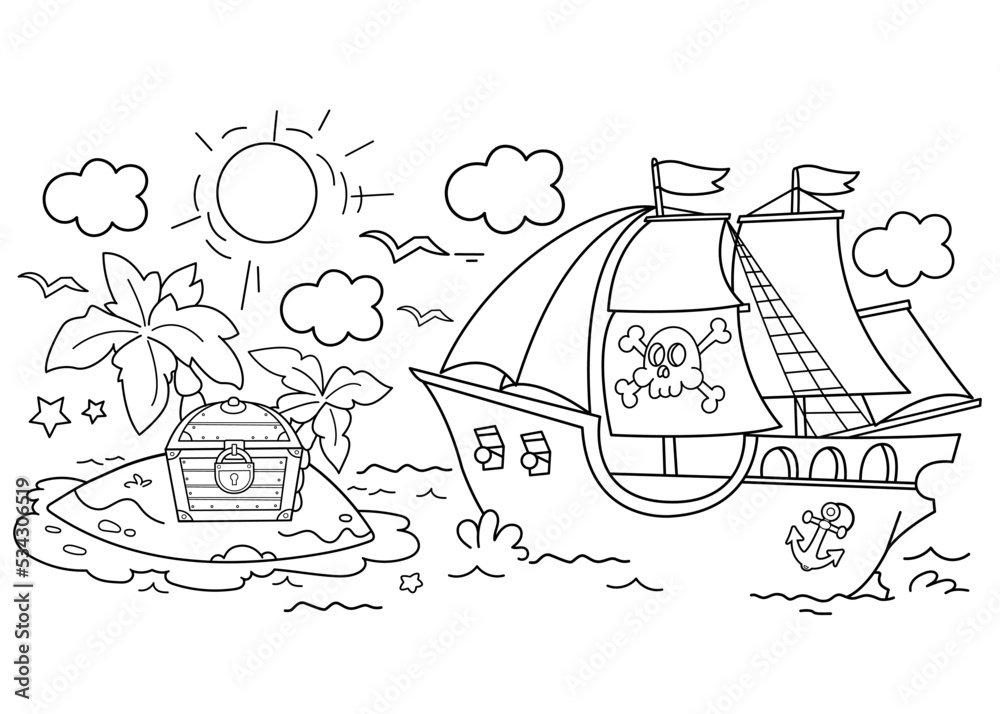 Coloring page outline of cartoon pirate ship with treasure island sailboat with black sails with skull in sea coloring book for kids vector