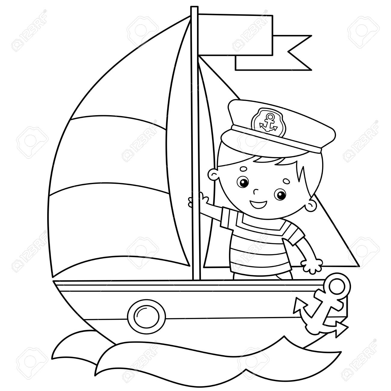 Coloring page outline of cartoon sail ship with sailor on the deck profession coloring book for kids royalty free svg cliparts vectors and stock illustration image