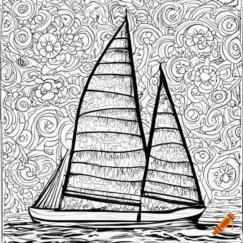 Black and white coloring page of a sailing yacht on