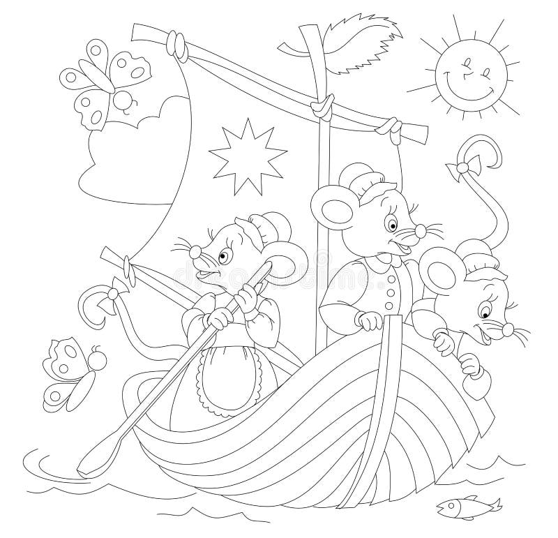 Black and white page for baby coloring book drawing of three cute mice traveling in sailboat printable template for kids stock vector