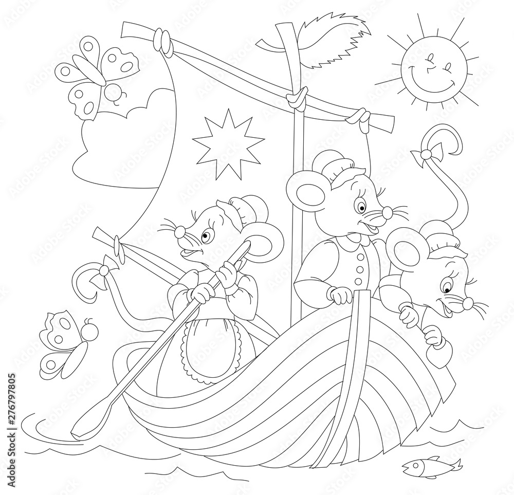 Black and white page for baby coloring book drawing of three cute mice traveling in sailboat printable template for kids worksheet for children and adults hand