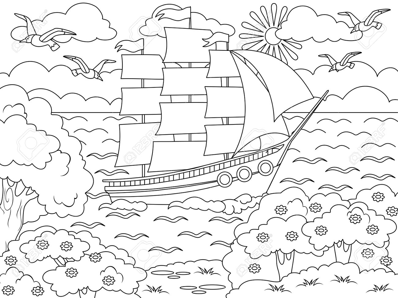 Ship sails on the waves big sailboat and the nature of the island raster page for printable children coloring book stock photo picture and royalty free image image