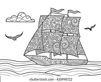 Hakuun sailing ship coloring book adults vector liittyvã vektorikuva rojaltivapaa