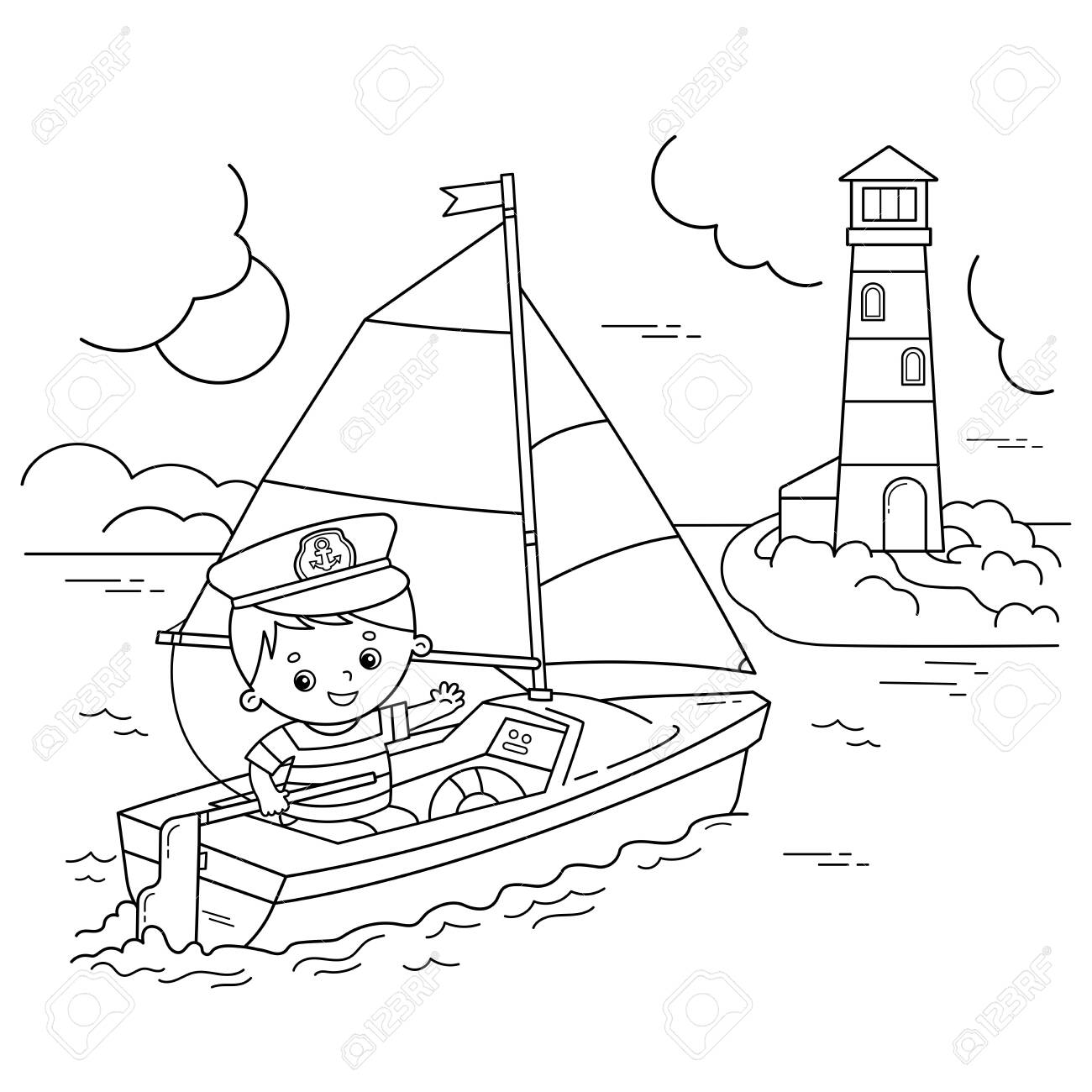 Coloring page outline of cartoon sail ship with sailor on the deck profession coloring book for kids royalty free svg cliparts vectors and stock illustration image