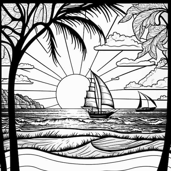 Beach scene coloring pages bundle png digital download pages beach sunset sailboat black and white coloring pages