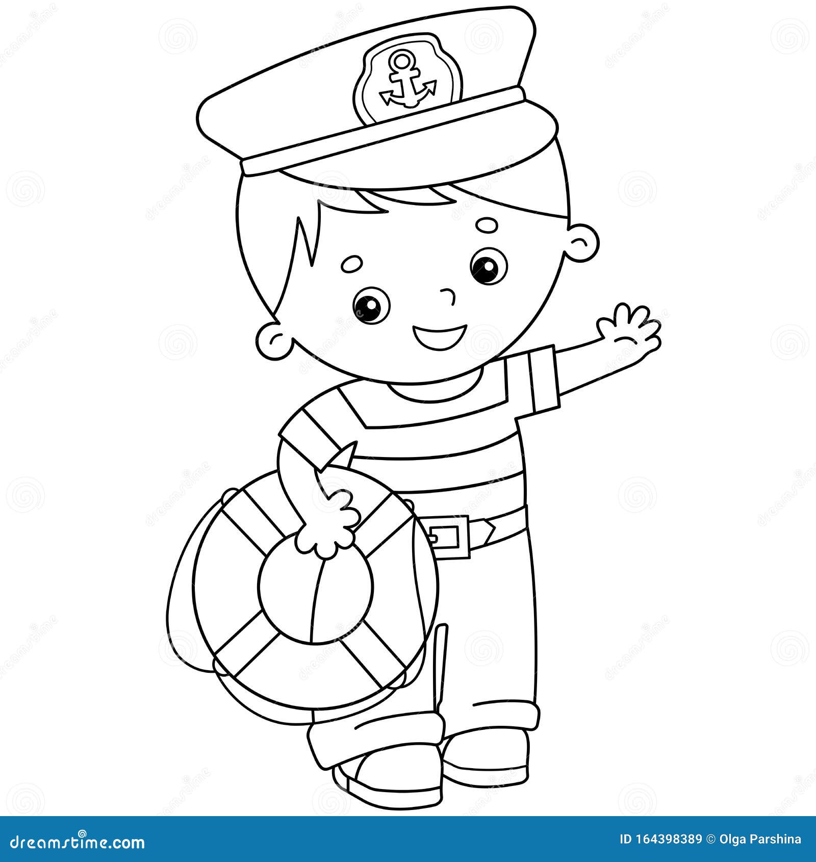 Coloring page outline of cartoon sailor with lifebuoy profession stock vector