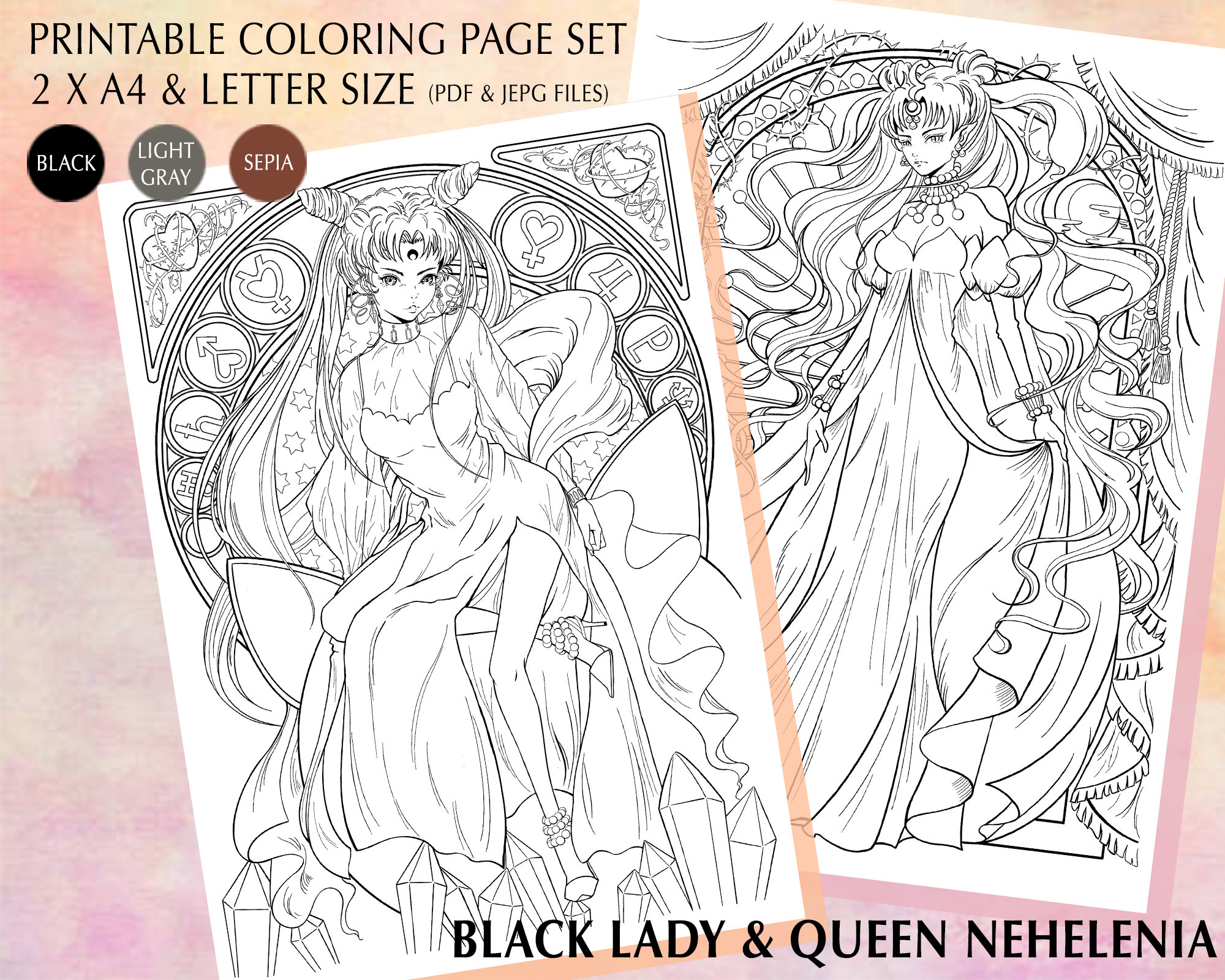 Sailor moon coloring page black lady nehelenia fanart printable pages set a design digital file anime manga art instant download pdf