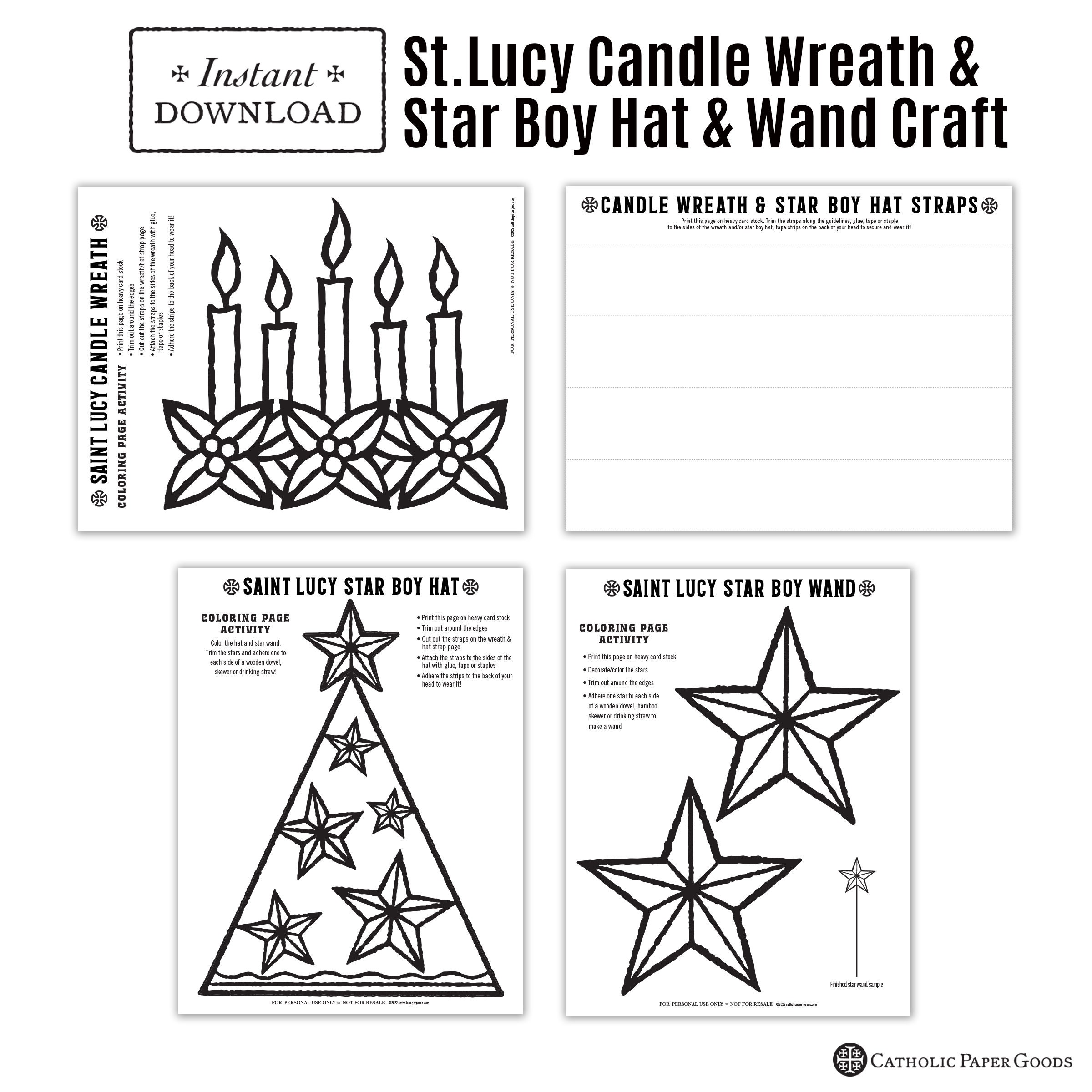 Saint lucy day activity bundle catholic coloring pages printable games answer key printable candle wreath star boy hat santa lucia day