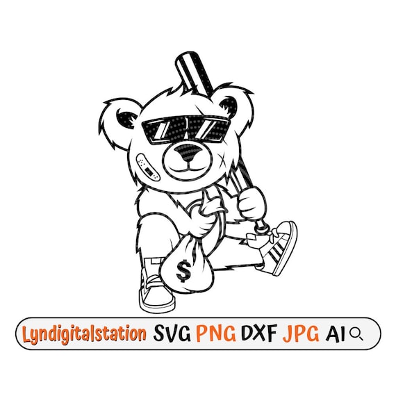 Gangster teddy with baseball bat svg hipster teddy bear clipart bad mafia cut file goons holigan clipart rick cool kids t