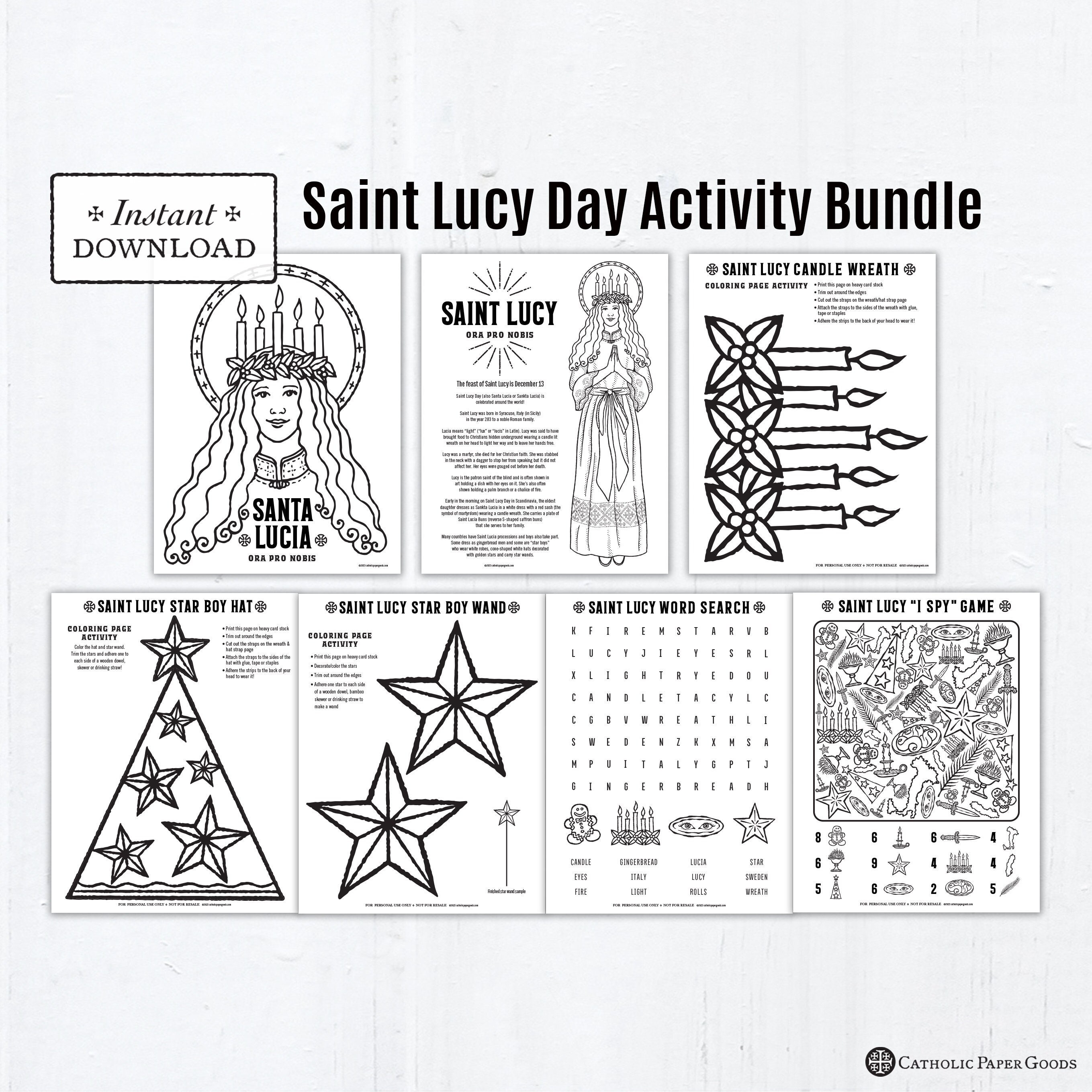 Saint lucy day activity bundle catholic coloring pages printable games answer key printable candle wreath star boy hat santa lucia day