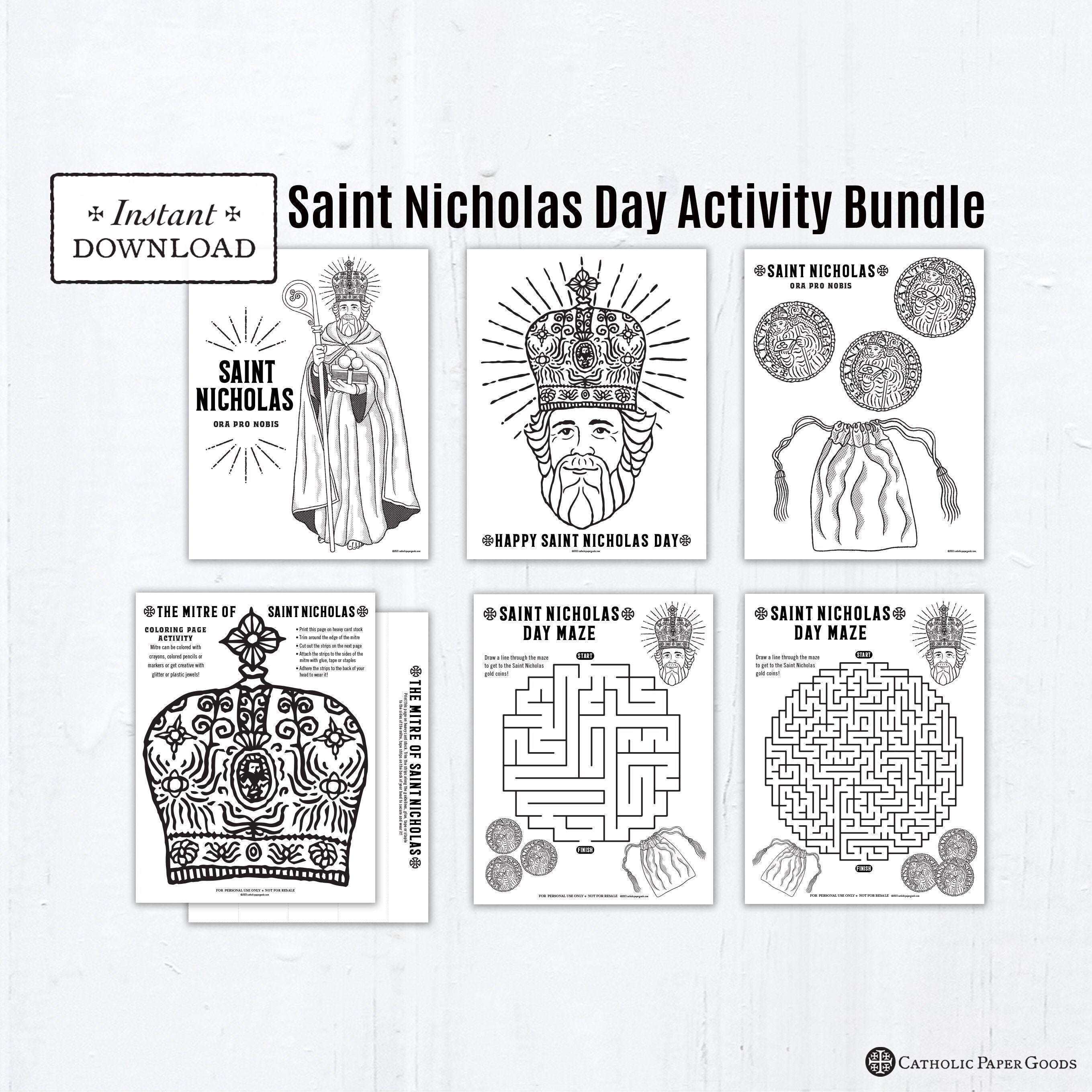 Saint nicholas day activity bundle catholic coloring pages printable maze games answer key printable maze st nicholas miter craft