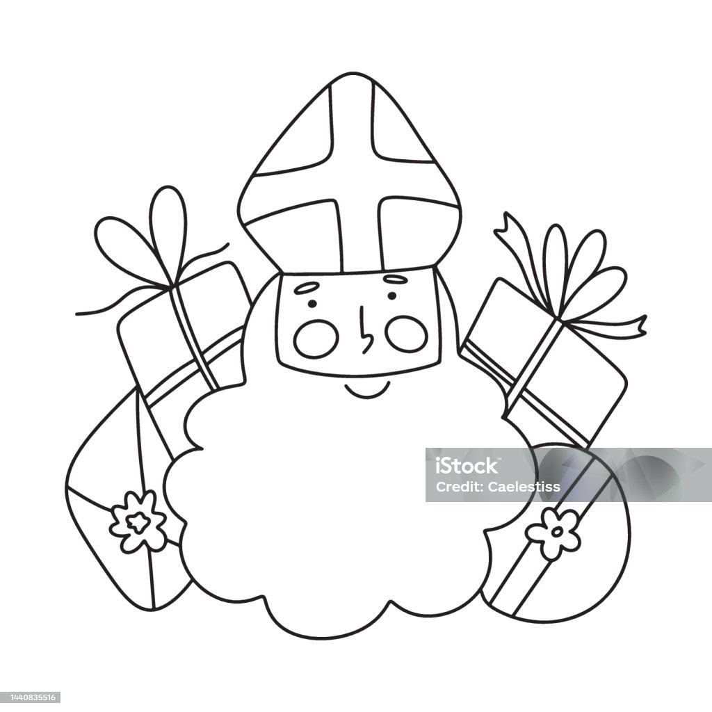 Saint nicholas or sinterklaas cute doodle portrait vector illustration of st nick with presents contour line outline drawing coloring page stock illustration