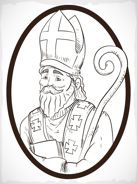 Premium vector portrait in hand draw style of saint nicholas of myra with mitre book and staff inside a oval button