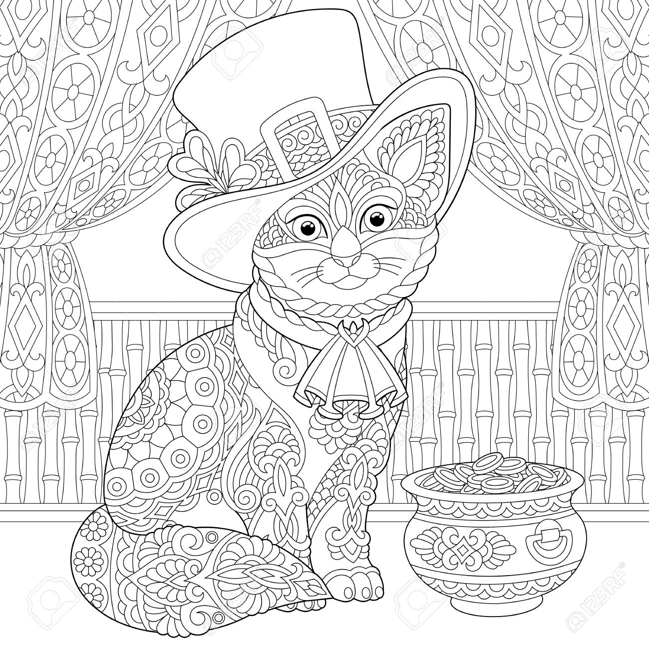 St patrick day coloring page colouring picture with cat in leprechaun costume freehand sketch drawing for adult coloring book royalty free svg cliparts vectors and stock illustration image