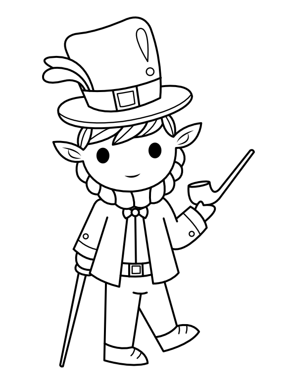 Printable leprechaun with pipe and walking stick coloring page