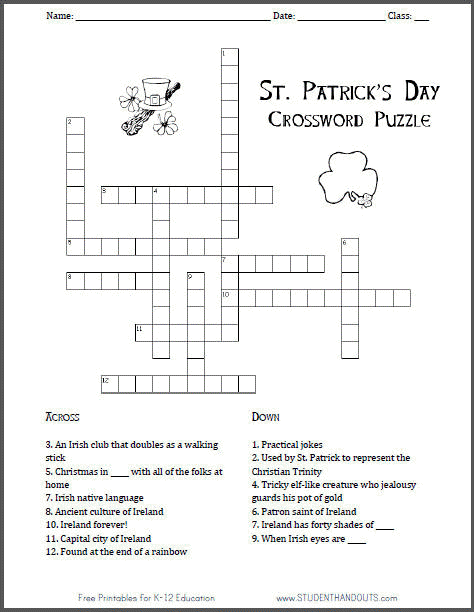 St patricks day crossword puzzle for kids student handouts