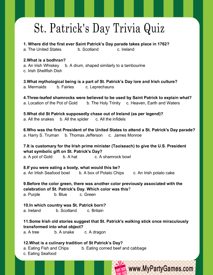 Free printable st patricks day trivia quiz