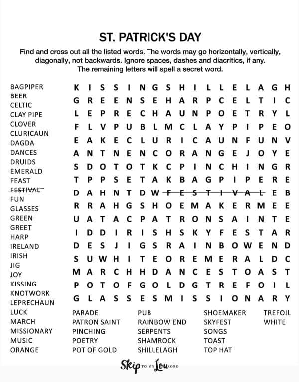 St patricks day word search skip to my lou
