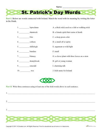 St patricks day word match activity for rd th and th grade