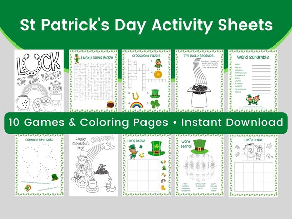 St patricks day activity sheets for kids leprechaun maze word search coloring pages printable games for kids st patricks day party