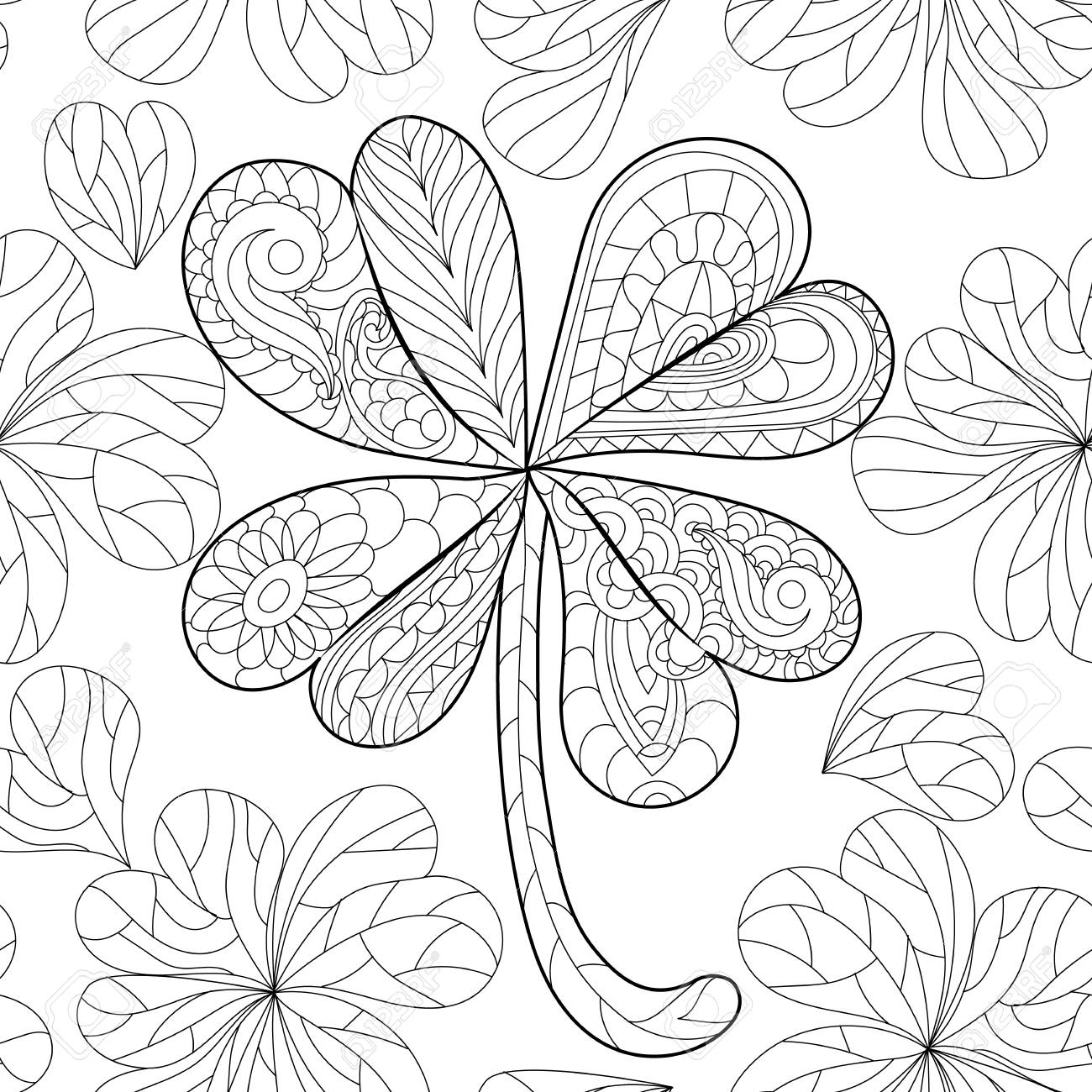Coloring book clover shamrock on st patricks day for adults isolated pattern hand drawn vector sign luck anti stress seamless ethnic bohemian background vintage decorative elementindian motifs royalty free svg cliparts vectors