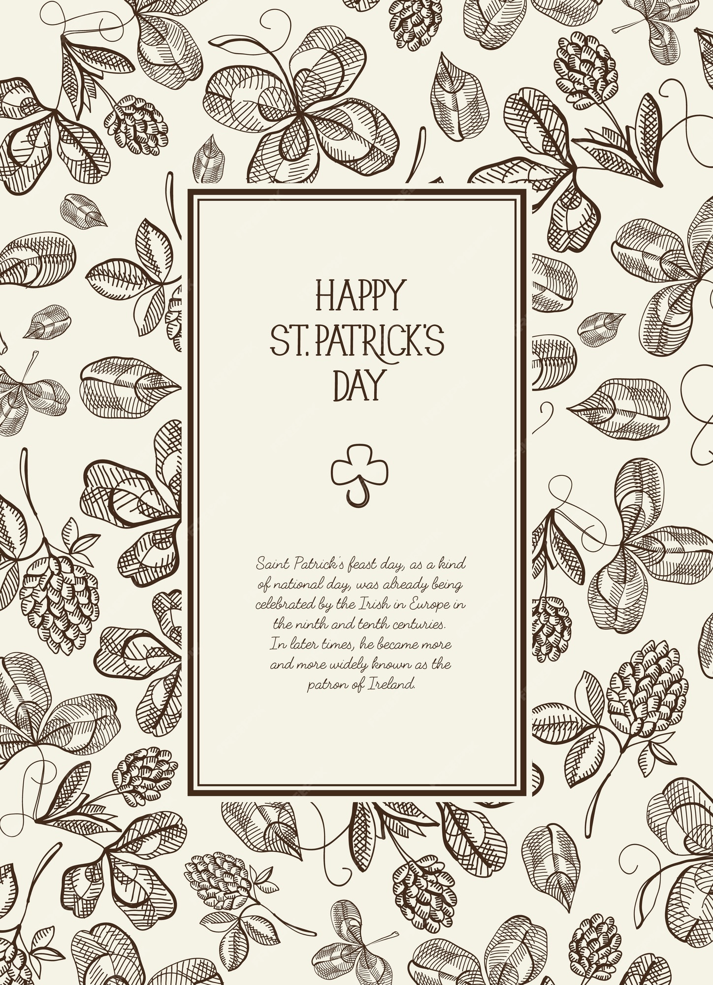 Free vector vintage st patricks day floral template with text in rectangular frame and sketch irish clover vector illustration