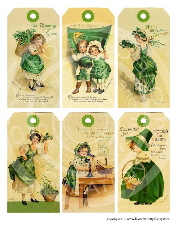 Vintage shabby st patricks day green tree tea party irish easter boys girls gift tags greeting card digital collage sheet images sh