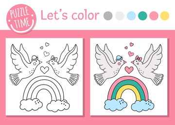 Premium vector saint valentine day coloring page for children funny scene with doves rainbow hearts vector holiday outline illustration with cute birds color book with for kids with colored example