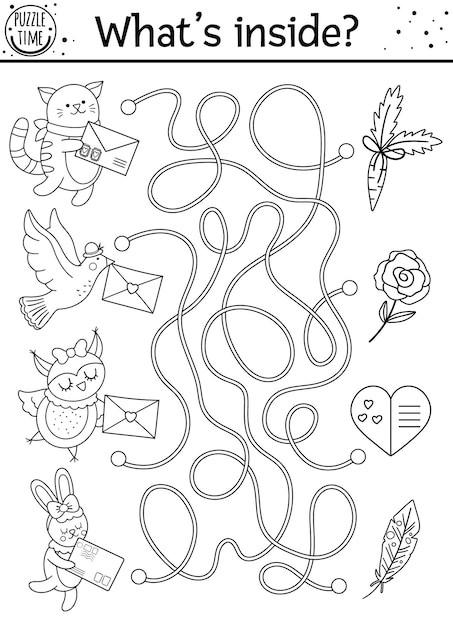 Premium vector saint valentine day black and white maze for children holiday preschool printable educational activity funny game with cute animals romantic puzzle or coloring page with love theme