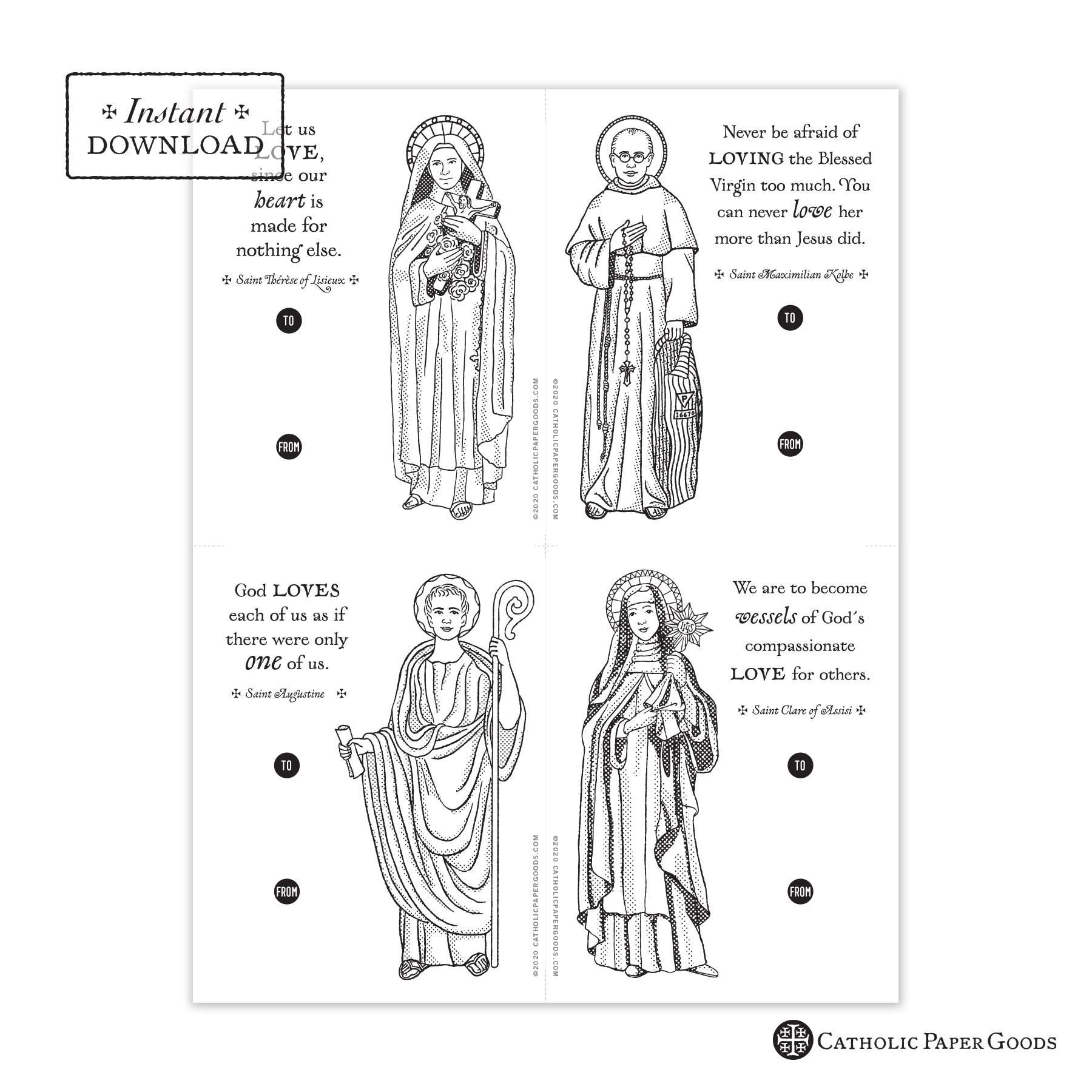 Catholic saints coloring page valentine exchange cards set printable