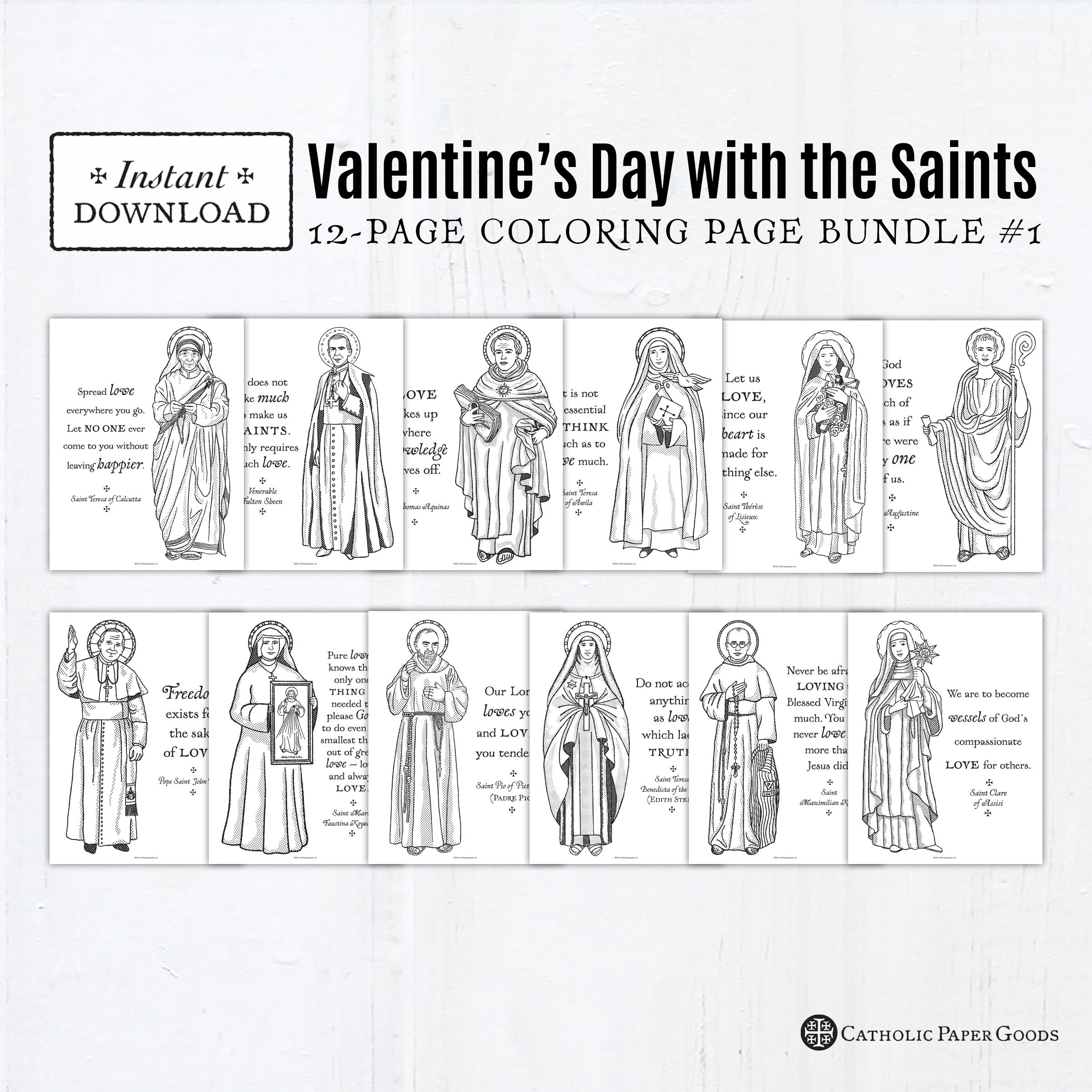 Catholic saints valentine coloring page bundle of black white printable coloring pages pdf x catholic printables all saints day