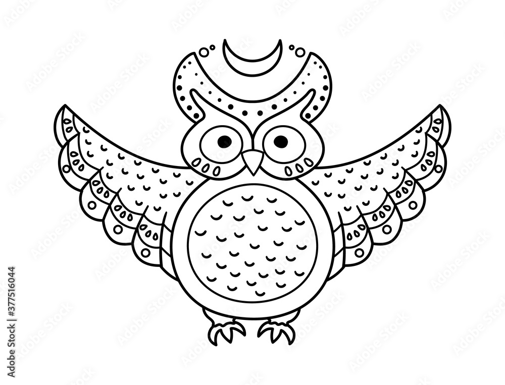 Cute vector owl with spread wings and half moon halloween black and white icon funny autumn all saints eve illustration with flying animal samhain party coloring page for kids vector