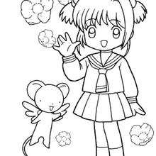 Sakura in her school uniform and kereberus coloring pages