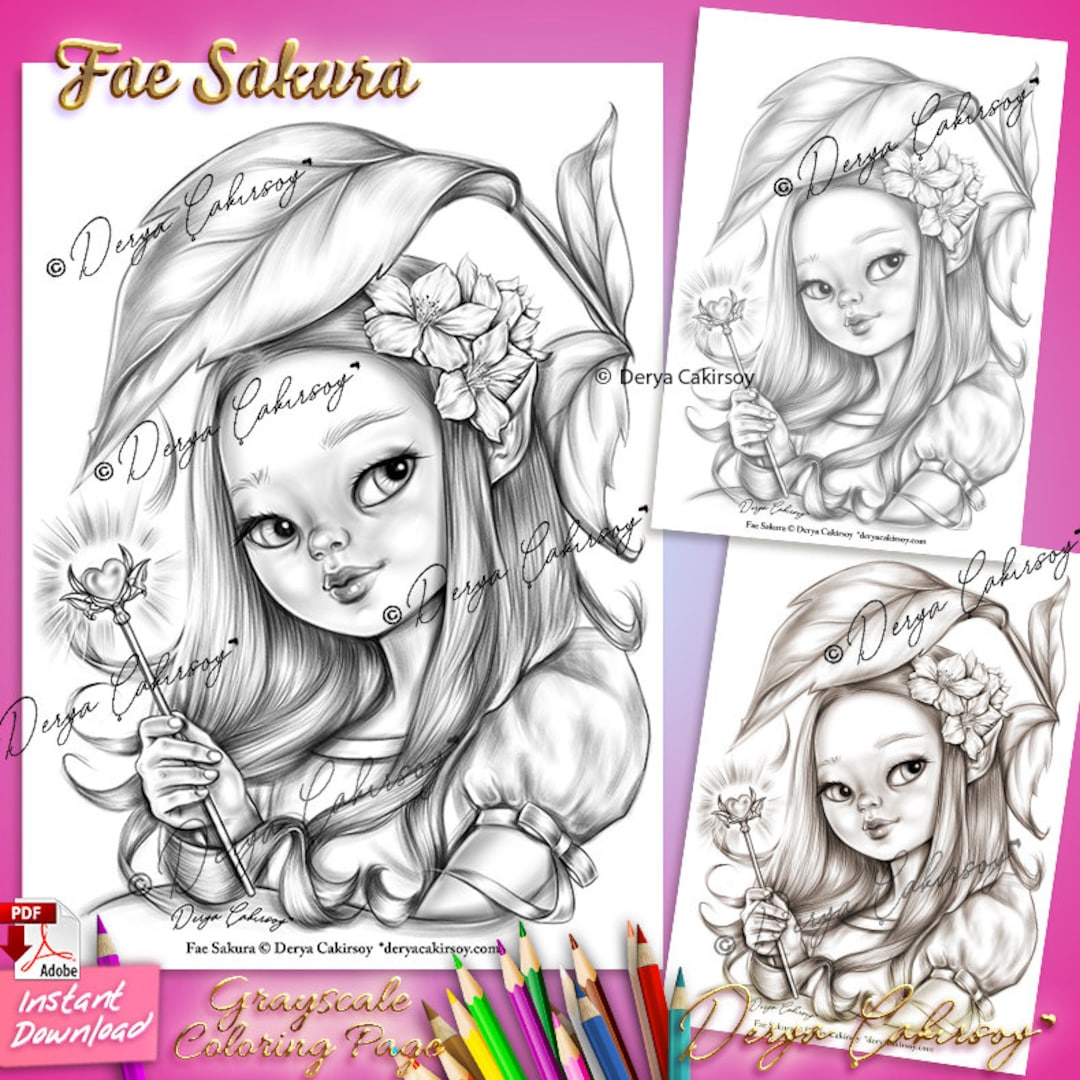 Fae sakura coloring page grayscale llustration magical big eyed fairy elf asian girl portrait instant download printable pdf derya cakirsoy