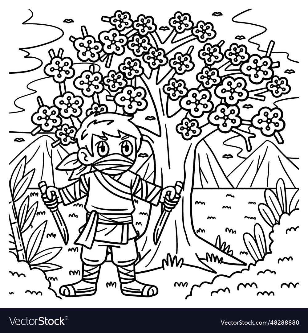 Ninja under sakura tree coloring page for kids vector image