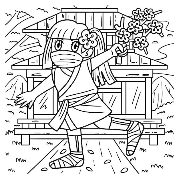 Premium vector a cute and funny coloring page of a ninja kunoichi with sakura branch provides hours of coloring fun for children color this page is very easy suitable for little