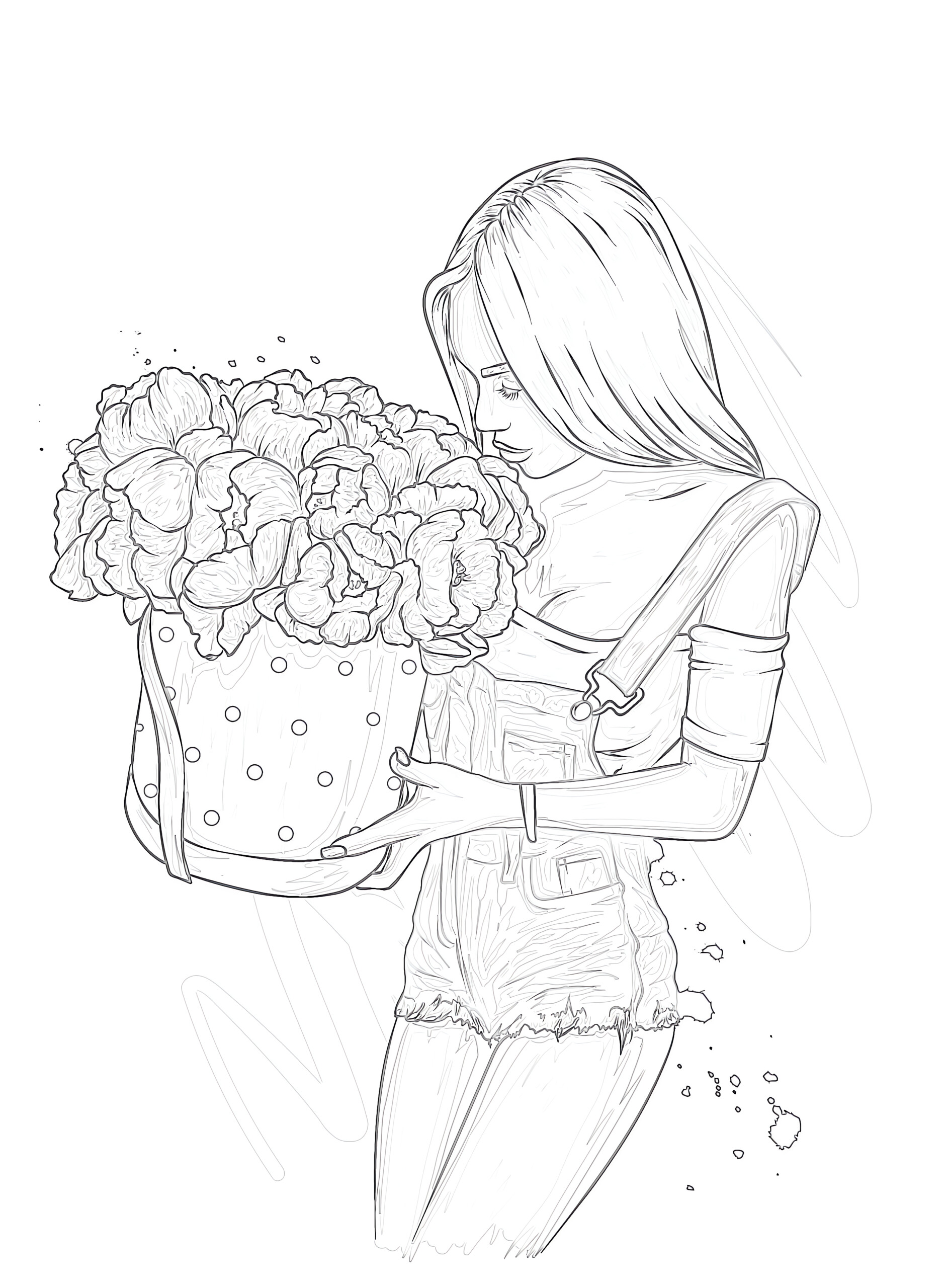 Beautiful girl with flowers coloring page