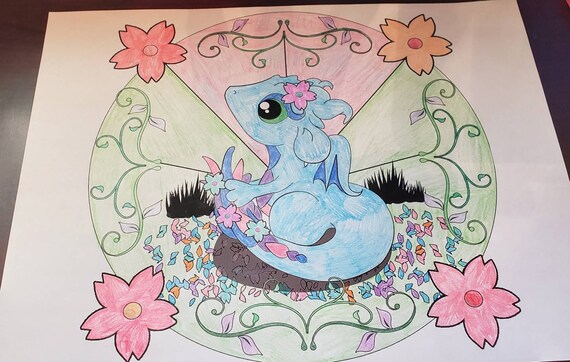 Sakura dragon adult coloring page cute mythical creature coloring cherry blossom