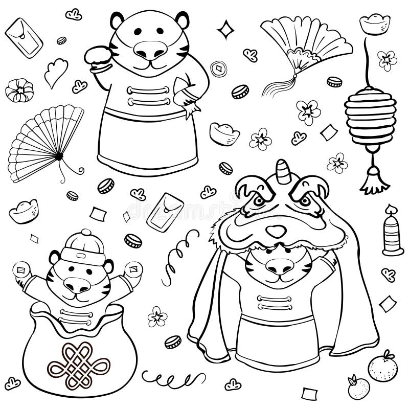 Tigers chinese new year large coloring book with wish paper lantern lion costume for dancing vector cartoon illustration stock vector