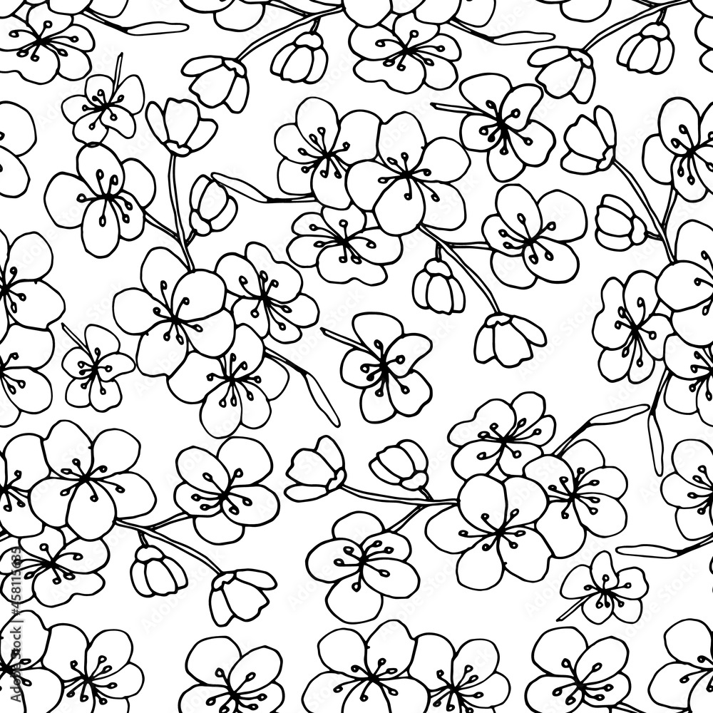 Elegant seamless pattern with hand drawn sakura pattern for wallpaper coloring pages wrapping paper background print fabric greeting cards line art ink drawing in black and white vector illu vector